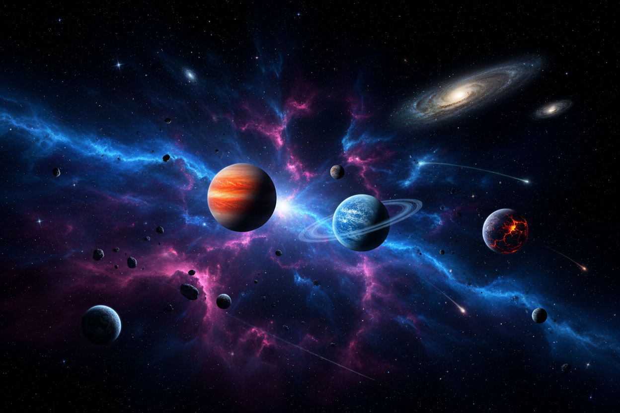 Una imagen con tema cósmico, estrellas y planetas